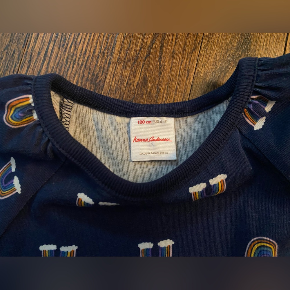 Hanna Andersson 100% cotton shirt dress navy rainbow tiered top size 6/7 (120cm) - Picture 4 of 8